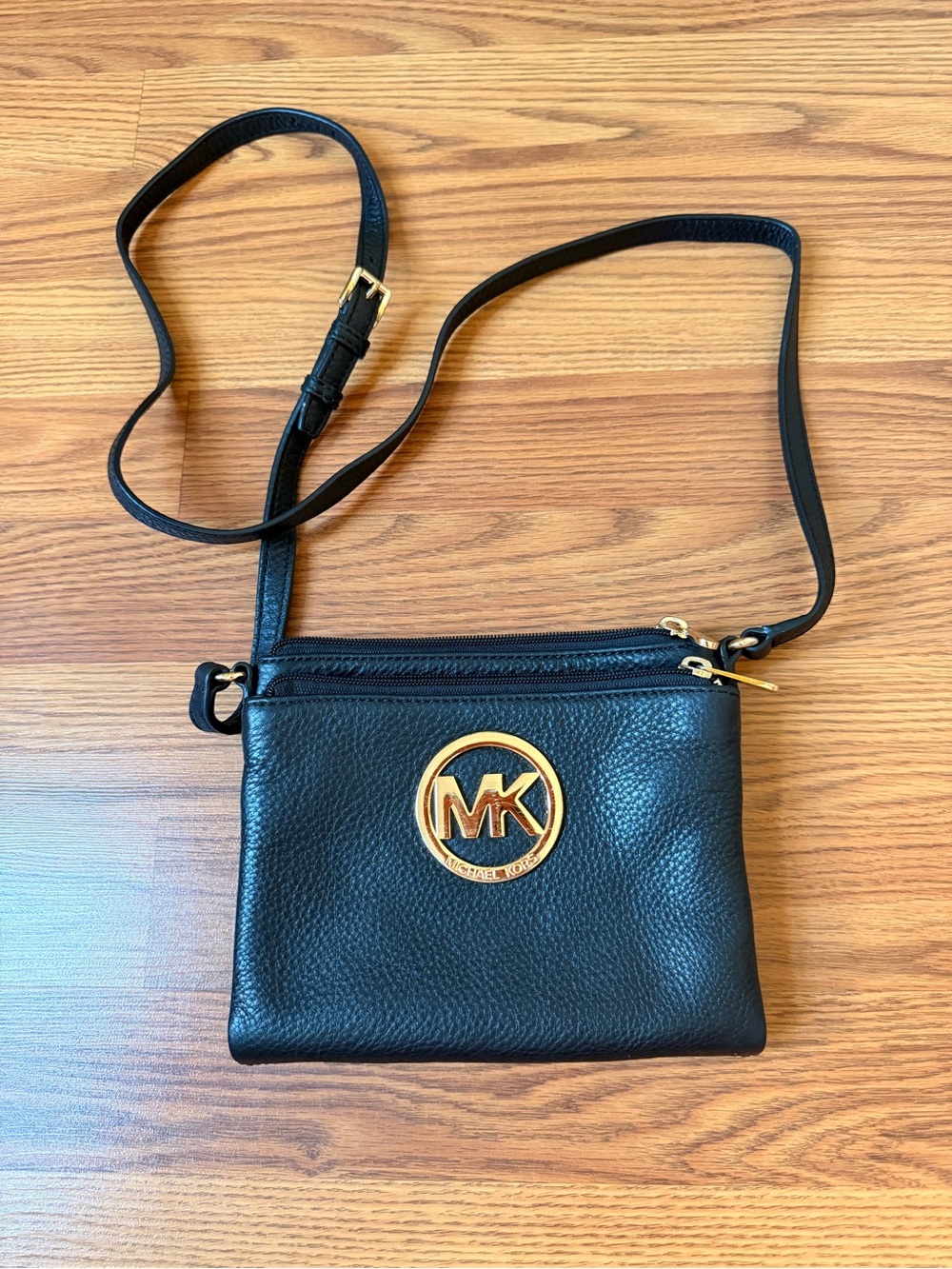 Michael Kors Black Leather Crossbody with Gold Logo Accent